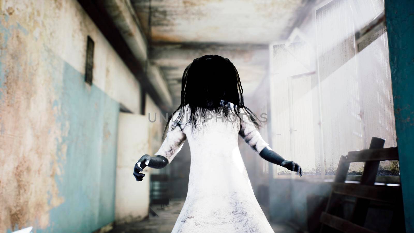 A horrible girl in a white dress, looking like a zombie, moves through an abandoned mystical house. View of an abandoned apocalyptic house. 3D Rendering. by designprojects