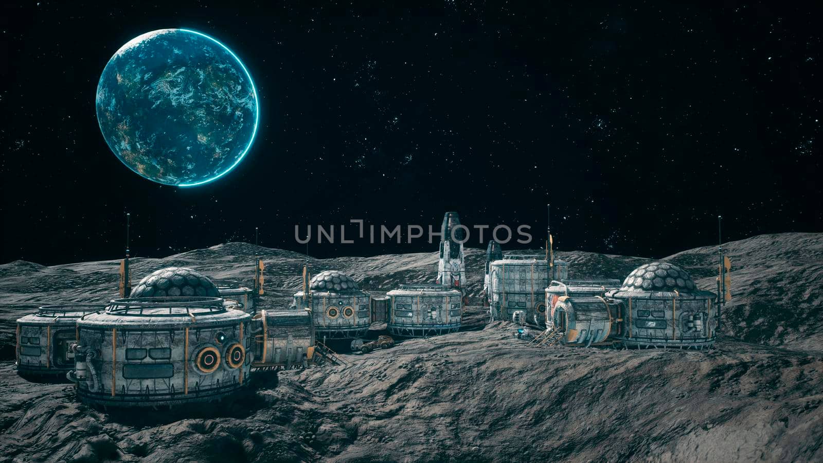 A view of the surface of an alien planet, a space colony or a lunar base with spaceships standing nearby. 3D Rendering. by designprojects