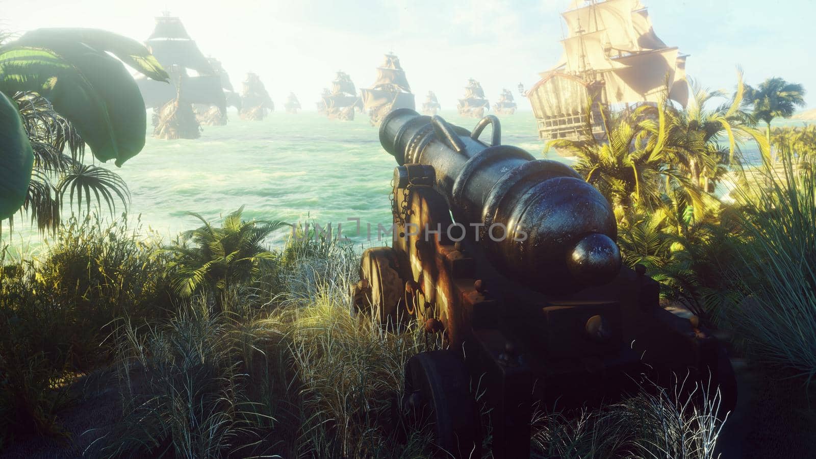 The medieval cannon is ready for battle against the ship's fleet. A cannon in the middle of green grass on an island, on a Sunny morning. View of the green tropical island on a cloudy morning.