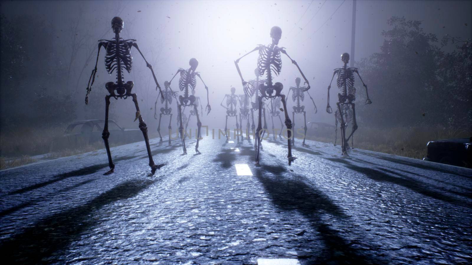 A dark army of skeletons is walking along a mystical abandoned road. View of an abandoned apocalyptic foggy road. 3D Rendering. by designprojects