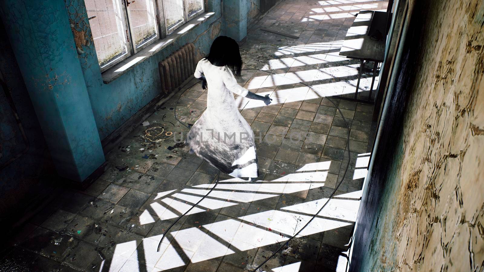 A horrible girl in a white dress, looking like a zombie, moves through an abandoned mystical house. View of an abandoned apocalyptic corridor and spooky girl.