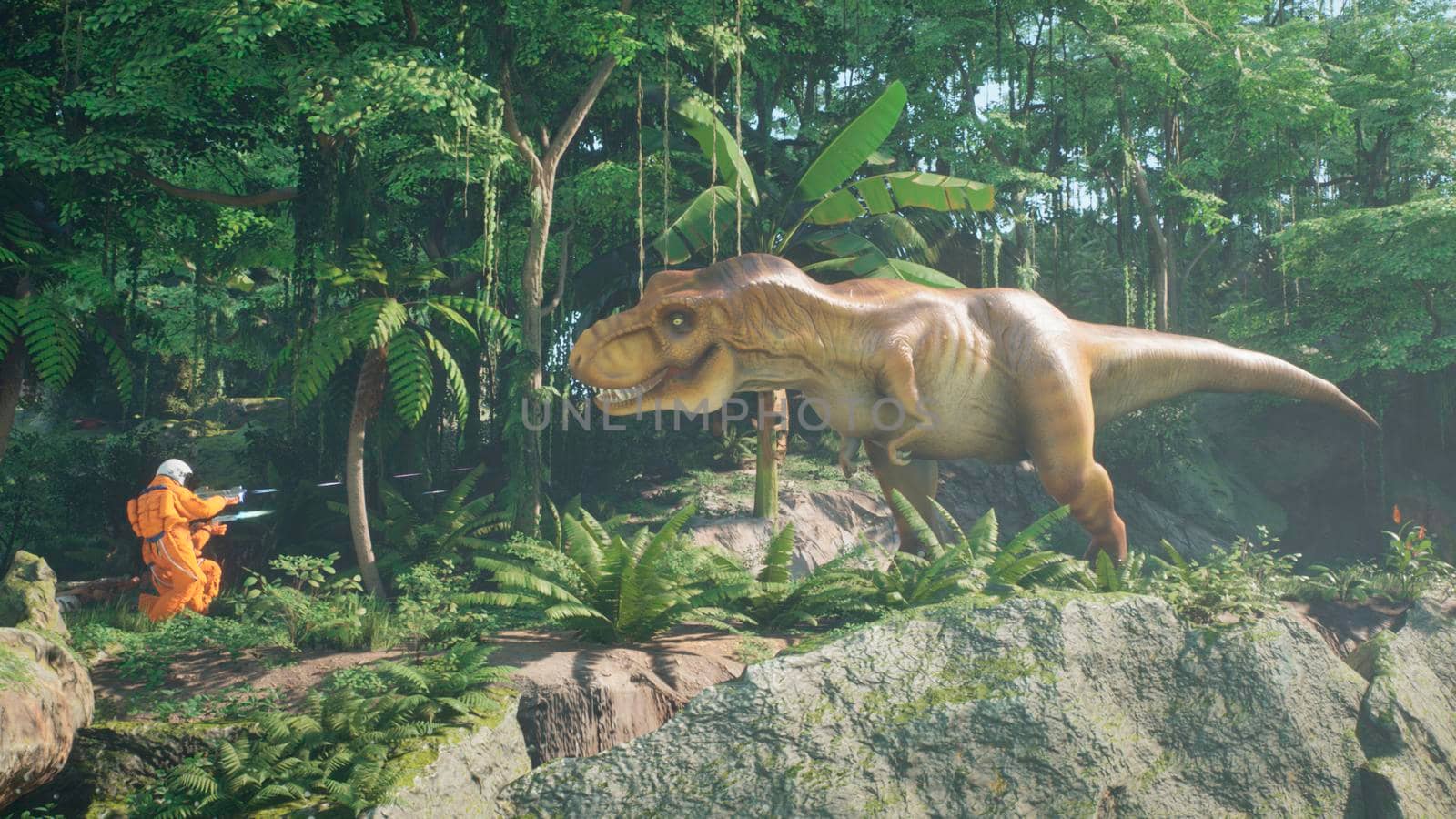 Astronauts battle the dinosaur Tyrannosaurus Rex in a prehistoric alien jungle. 3D Rendering. by designprojects