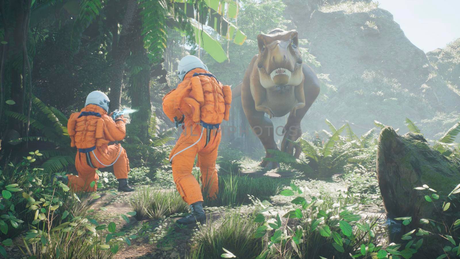 A meeting of two time-traveler astronauts and a predatory Tyrannosaurus rex in a prehistoric Jurassic park. 3D Rendering. by designprojects