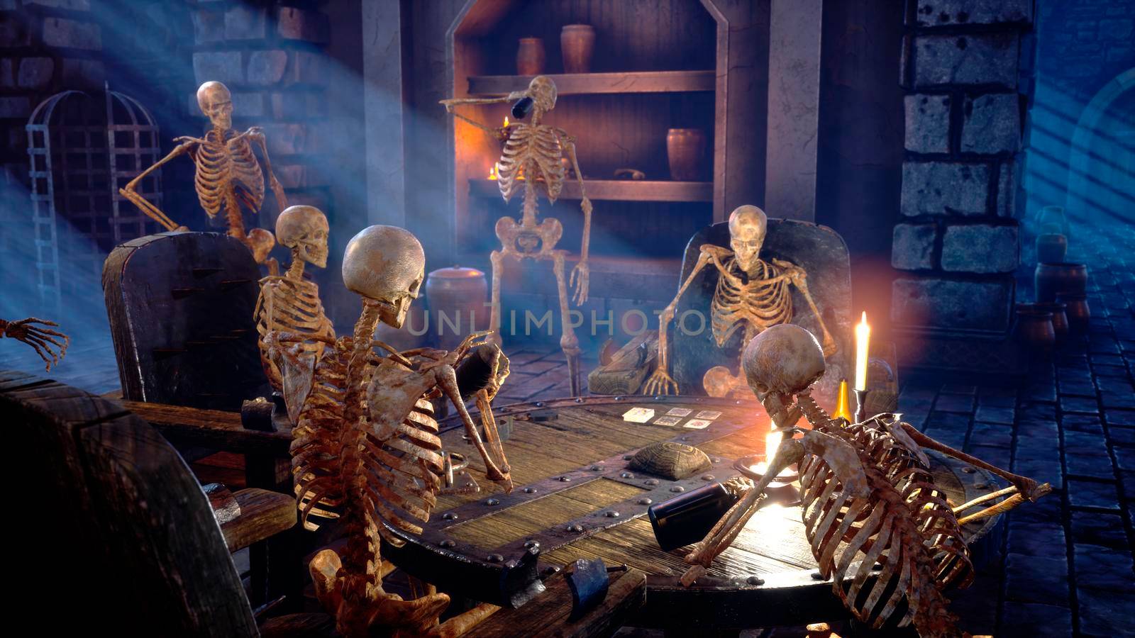 Ancient skeletons in a medieval castle are having fun. Mystical nightmare concept. 3D Rendering. by designprojects