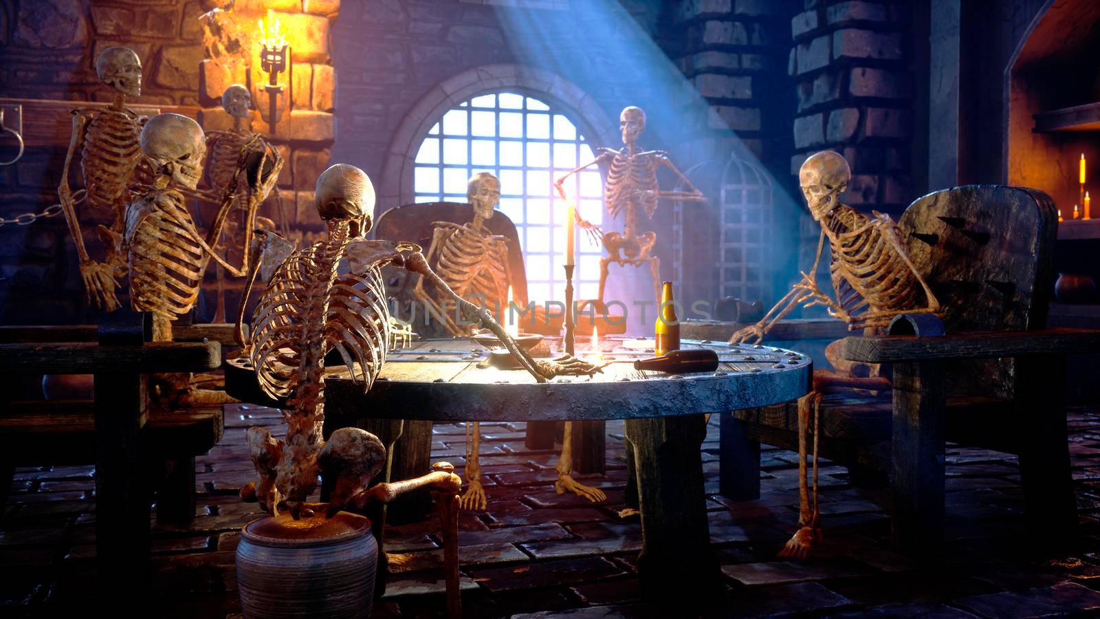 Ancient skeletons in a medieval castle are having fun. Mystical nightmare concept. View of the ancient catacomb and the old skeletons.