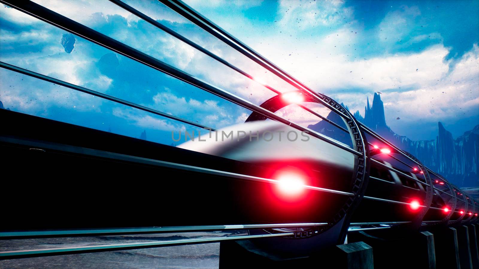 The train of the future rushes at high speed over a deserted alien planet. 3D Rendering. by designprojects