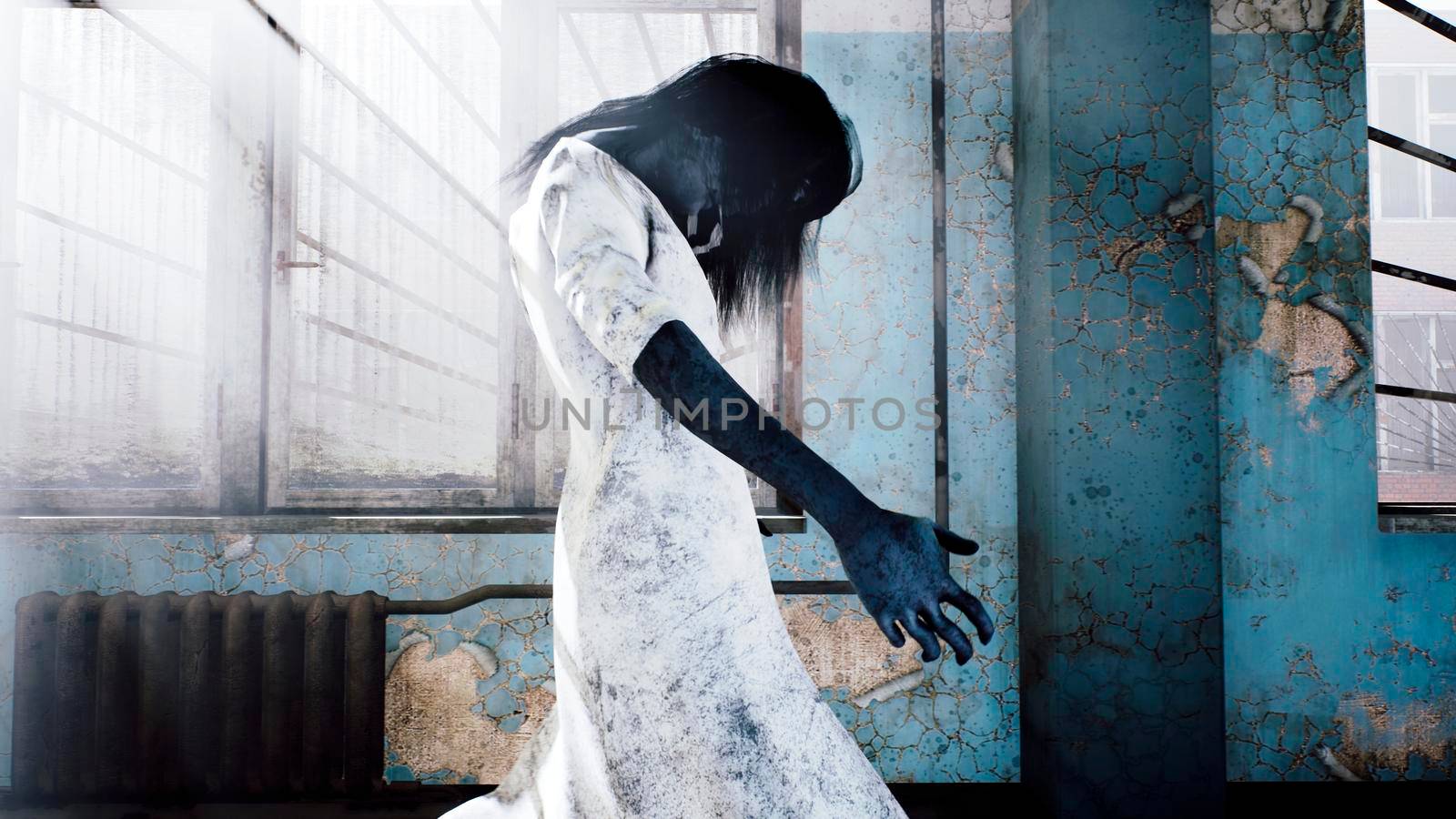 A horrible girl in a white dress, looking like a zombie, moves through an abandoned mystical house. View of an abandoned apocalyptic house. 3D Rendering. by designprojects