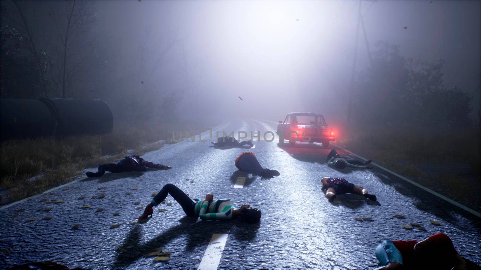 People suddenly fall and lose consciousness from a new epidemic or some kind of external influence, on a foggy mystical road. View of an abandoned apocalyptic foggy road.