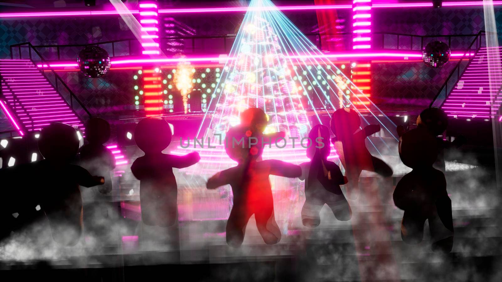 Gingerbread men are dancing at the Christmas in the night disco club. The concept of the Christmas celebration. 3D Rendering. by designprojects