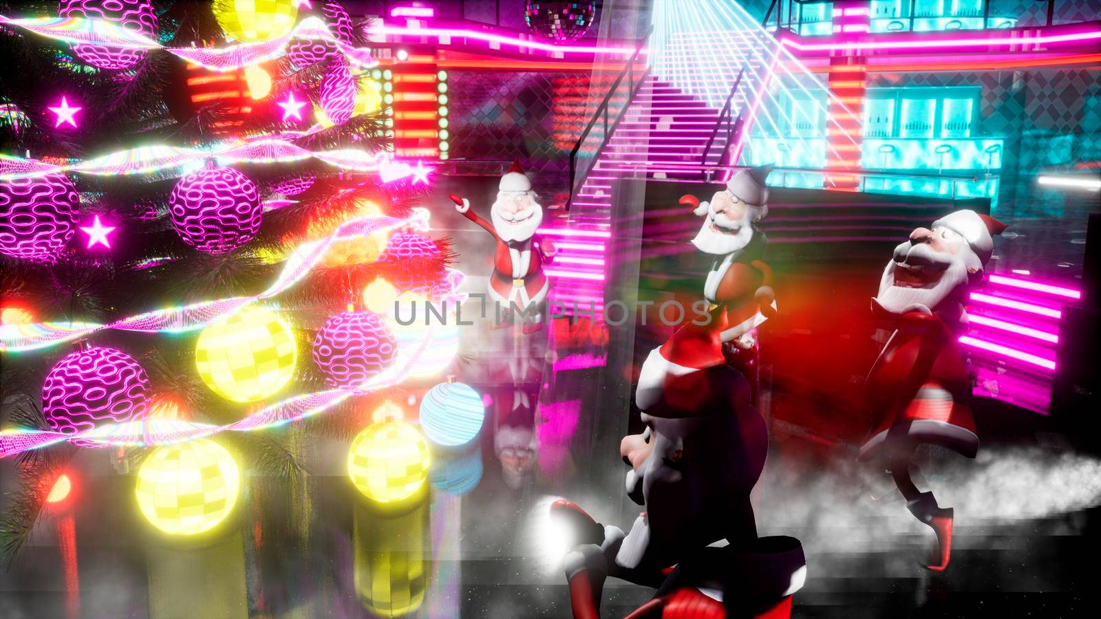 Cheerful Santa Clauses dance a fiery dance around the New Year tree at the night disco. 3D Rendering. by designprojects