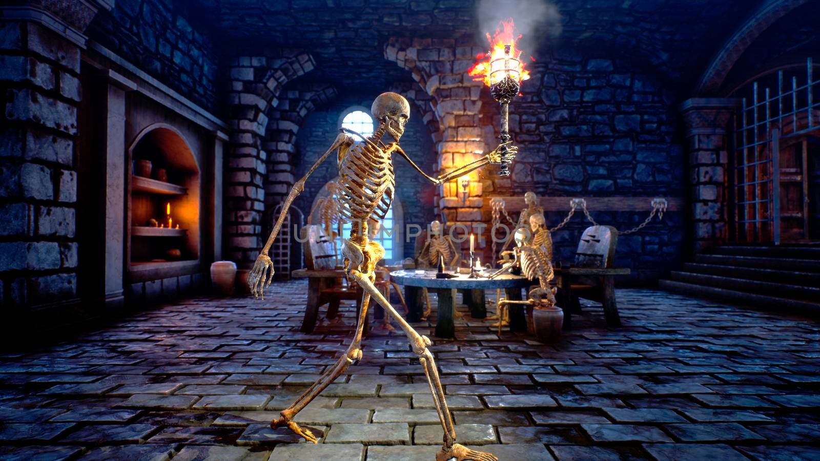 A spooky ancient skeleton with a torch walks through the medieval catacombs. Mystical nightmare concept. 3D Rendering. by designprojects