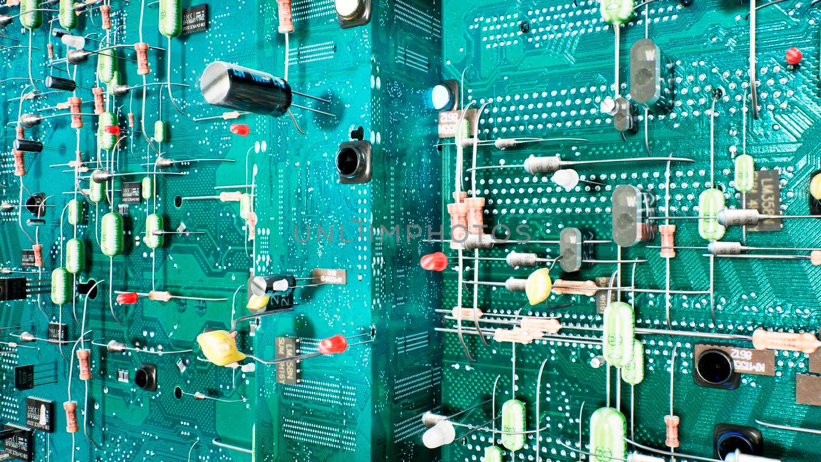 Technological background of the circuit board. Inside the electronic device are the components of the motherboard: microcircuits, transistors, LEDs, semiconductors.