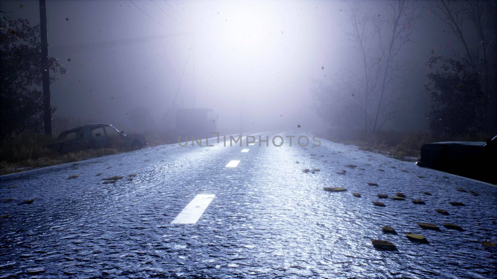 Foggy mystical abandoned road with abandoned cars. View of an abandoned apocalyptic foggy road.
