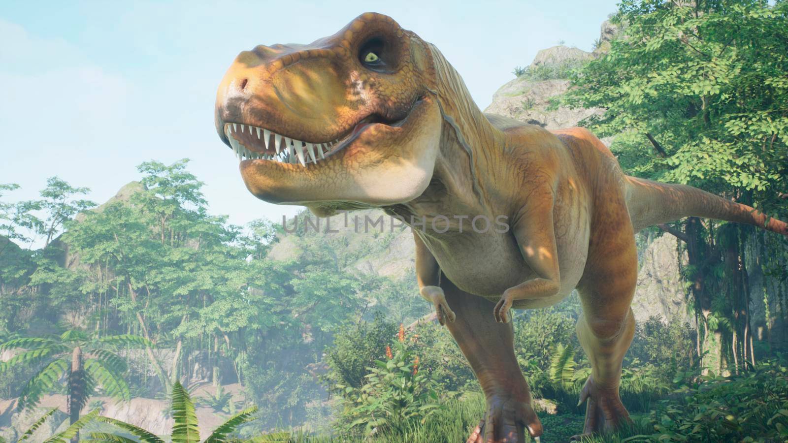 The Tyrannosaurus Rex dinosaur slowly creeps up on its prey in a thicket of green prehistoric jungle. View of the green prehistoric jungle forest on a Sunny morning. 3D Rendering. by designprojects