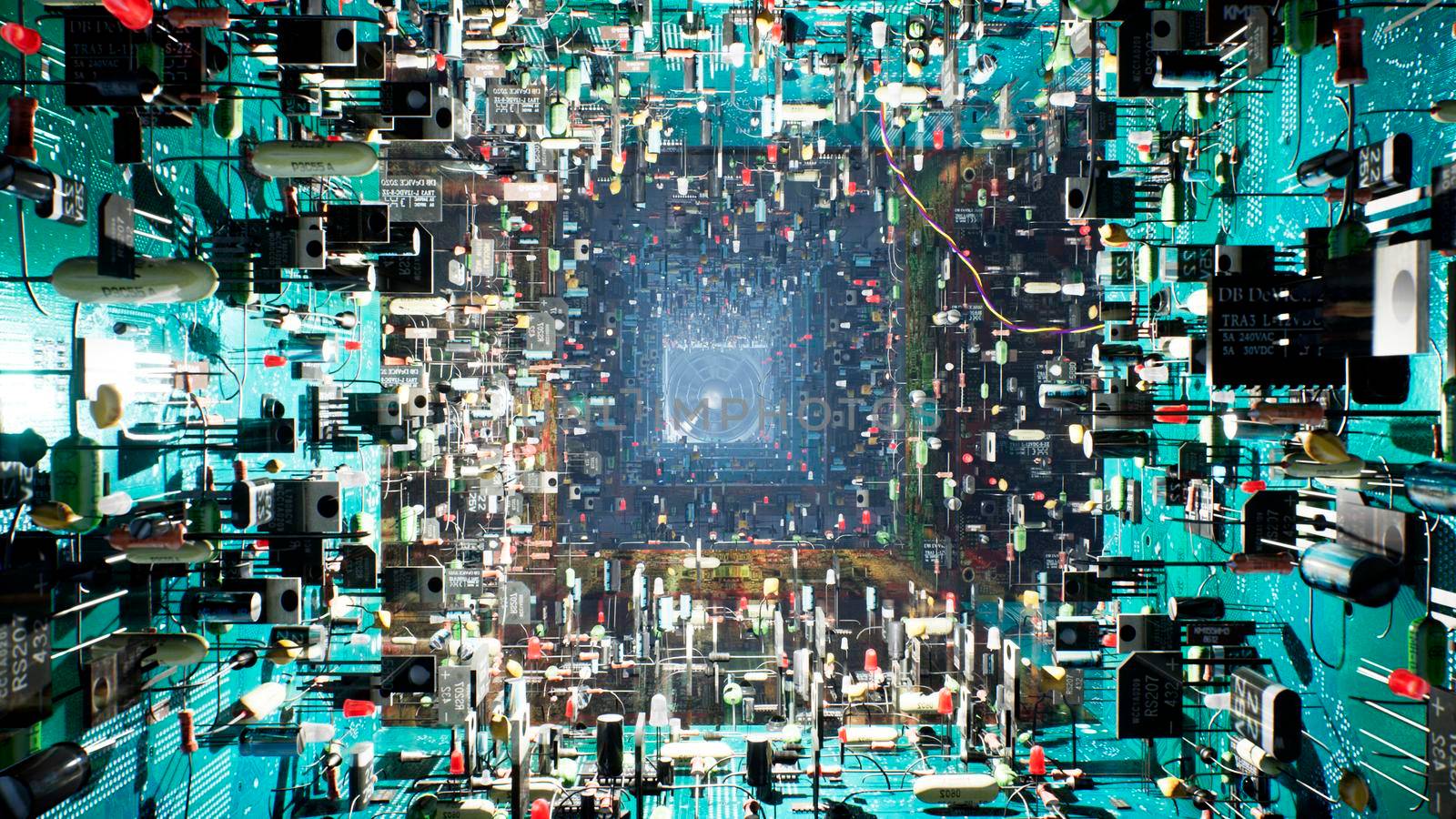 Technological background of the circuit Board. Inside the unusual computer are electronic components: chips, transistors, LEDs, semiconductors. 3D Rendering. by designprojects