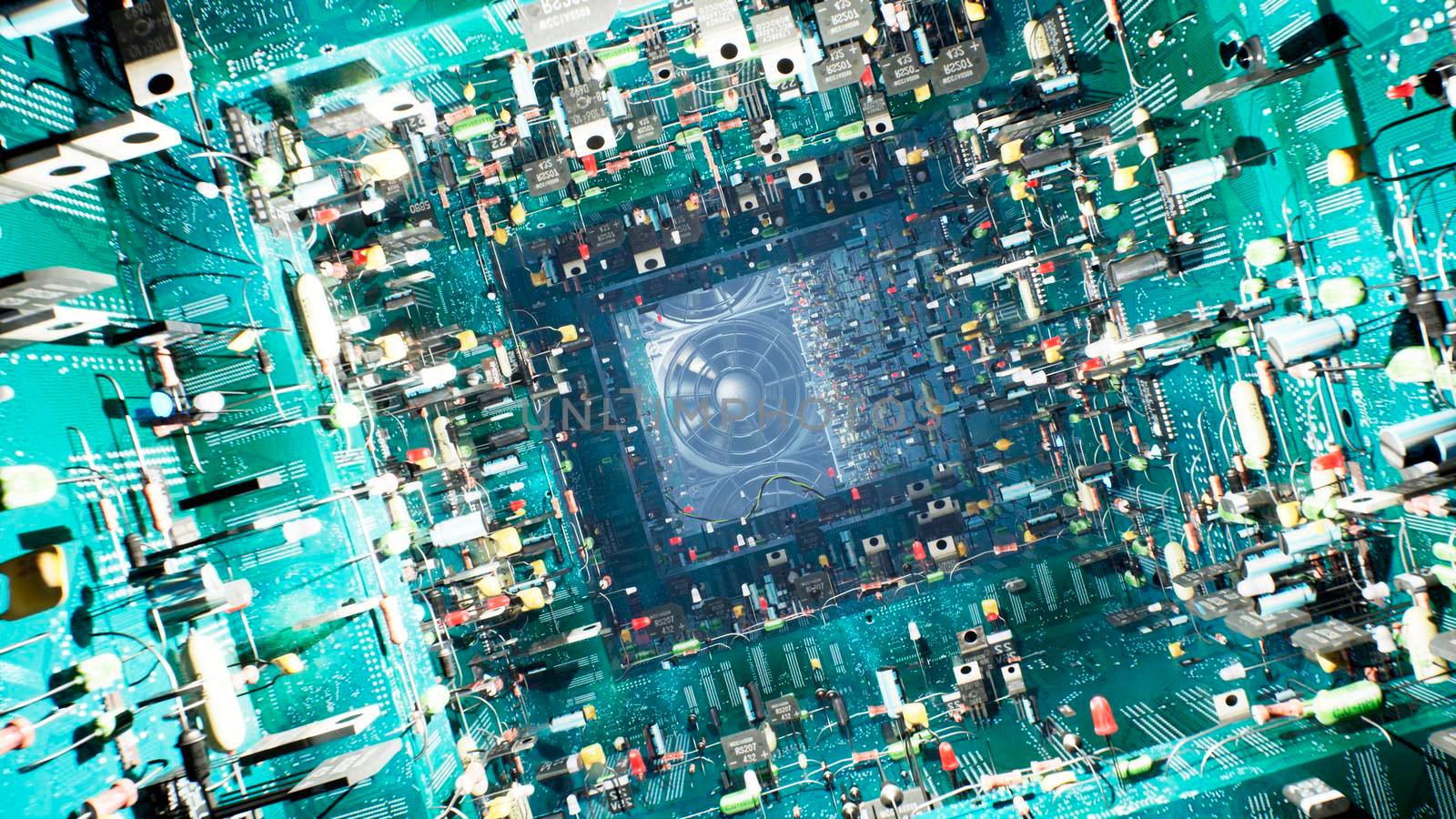 Technological background of the circuit Board. Inside the unusual computer are electronic components: chips, transistors, LEDs, semiconductors. 3D Rendering. by designprojects