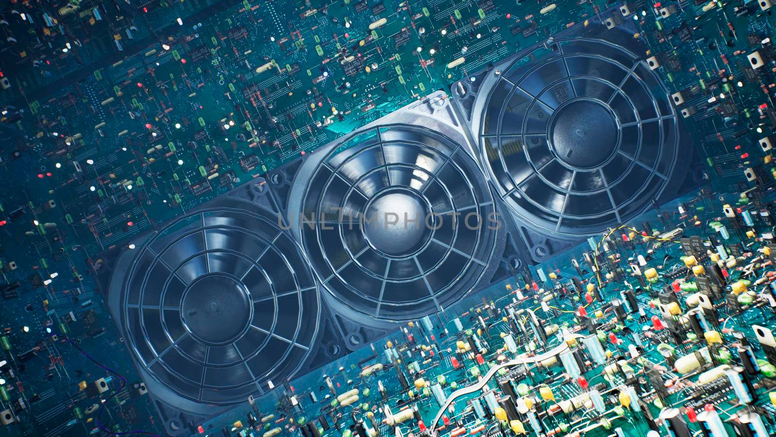 Technological background of the circuit Board. Inside the unusual computer are electronic components: chips, transistors, LEDs, semiconductors. 3D Rendering. by designprojects