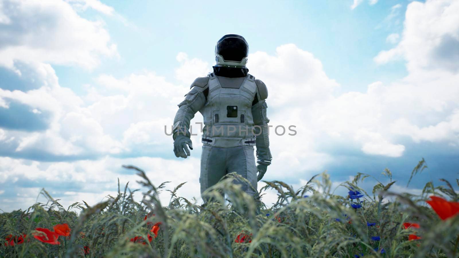 An astronaut-Explorer is walking on a blooming planet. 3D Rendering. by designprojects