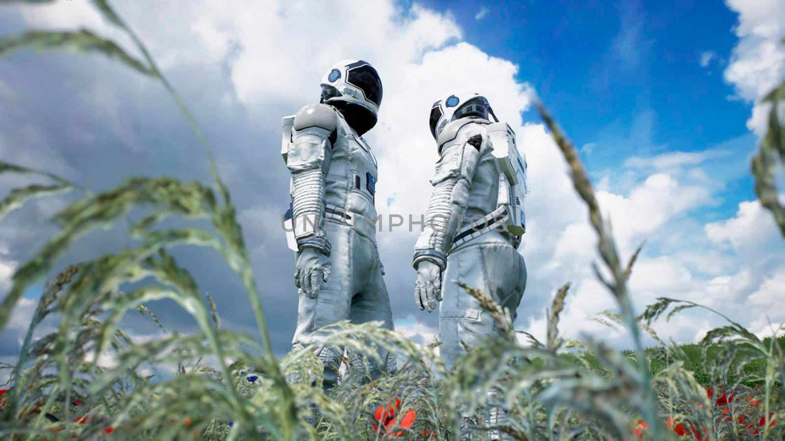 Meeting of two astronauts in love on an alien blooming planet. 3D Rendering. by designprojects