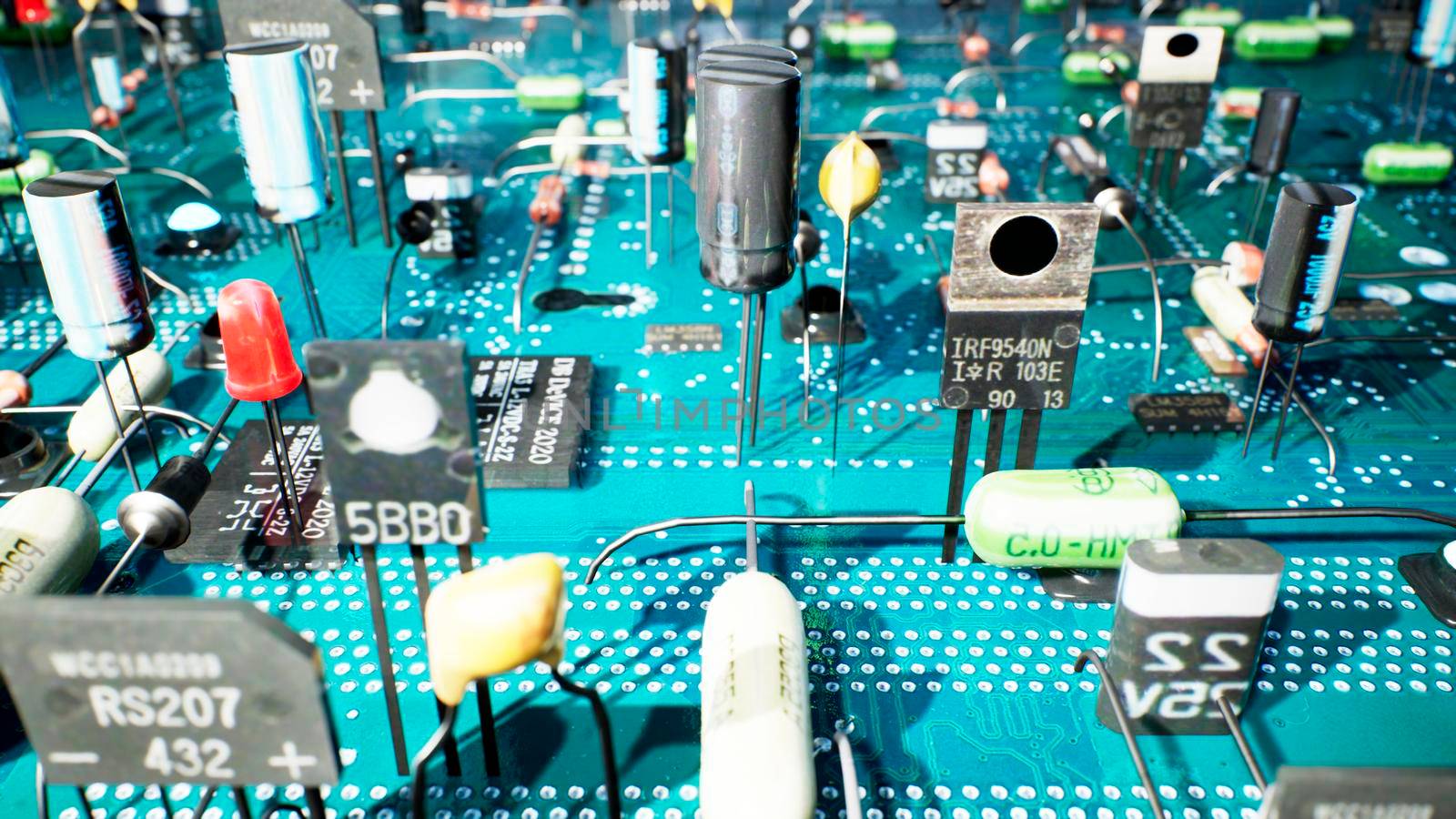 Electronic components inside a technological device: microchips, transistors, LEDs, and semiconductors.