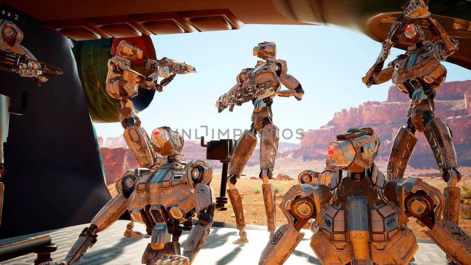 Military robots-androids arrived on a spaceship to an alien planet for its colonization. 3D Rendering. by designprojects