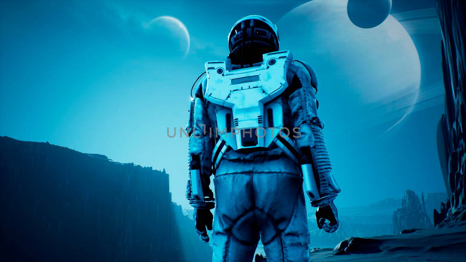 The explorer-astronaut is delighted to have arrived on a beautiful new planet. 3D Rendering. by designprojects