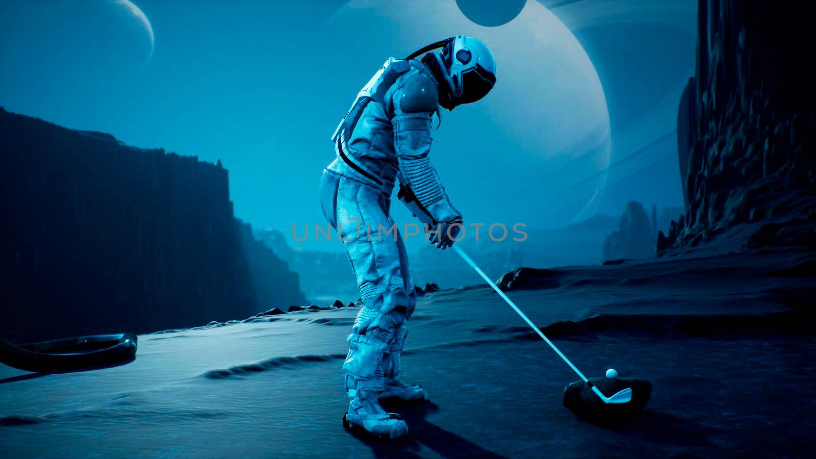 An astronaut explorer is playing Golf on a beautiful alien planet. 3D Rendering. by designprojects