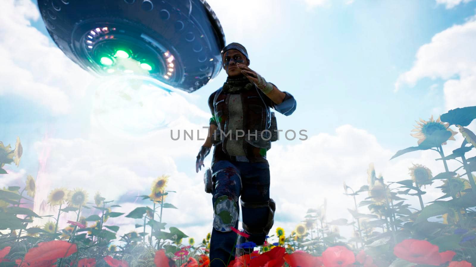 An alien spaceship chases a man running through a flower field. 3D Rendering. by designprojects