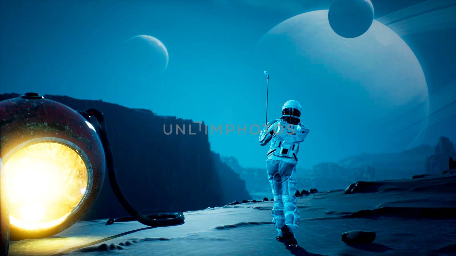 An astronaut explorer is playing Golf on a beautiful alien planet. 3D Rendering. by designprojects