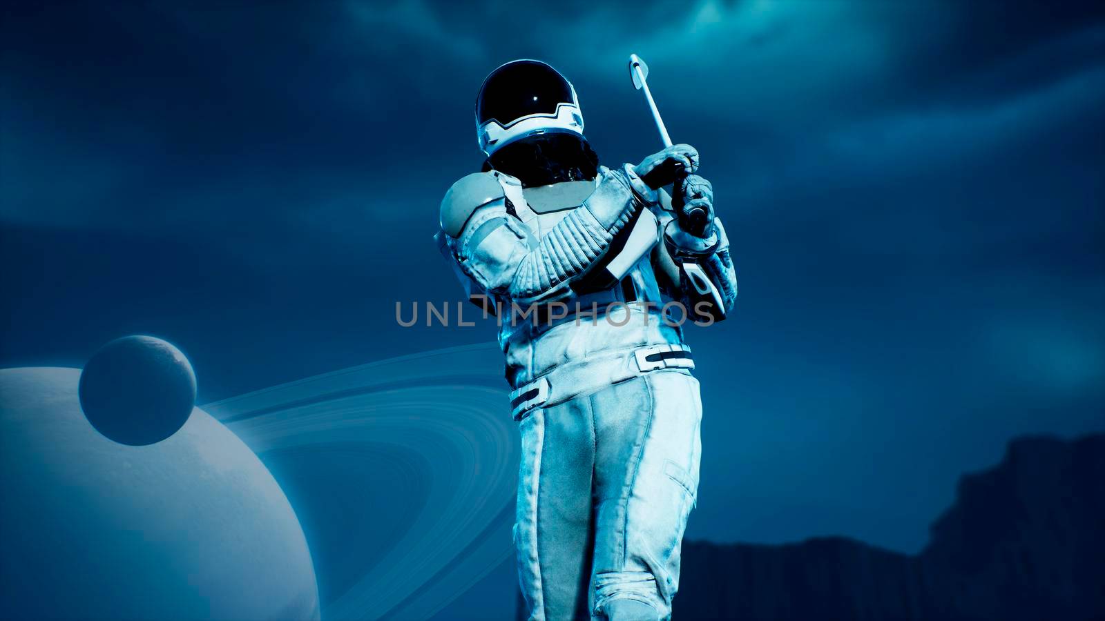 A research astronaut plays golf on an alien uninhabited planet.