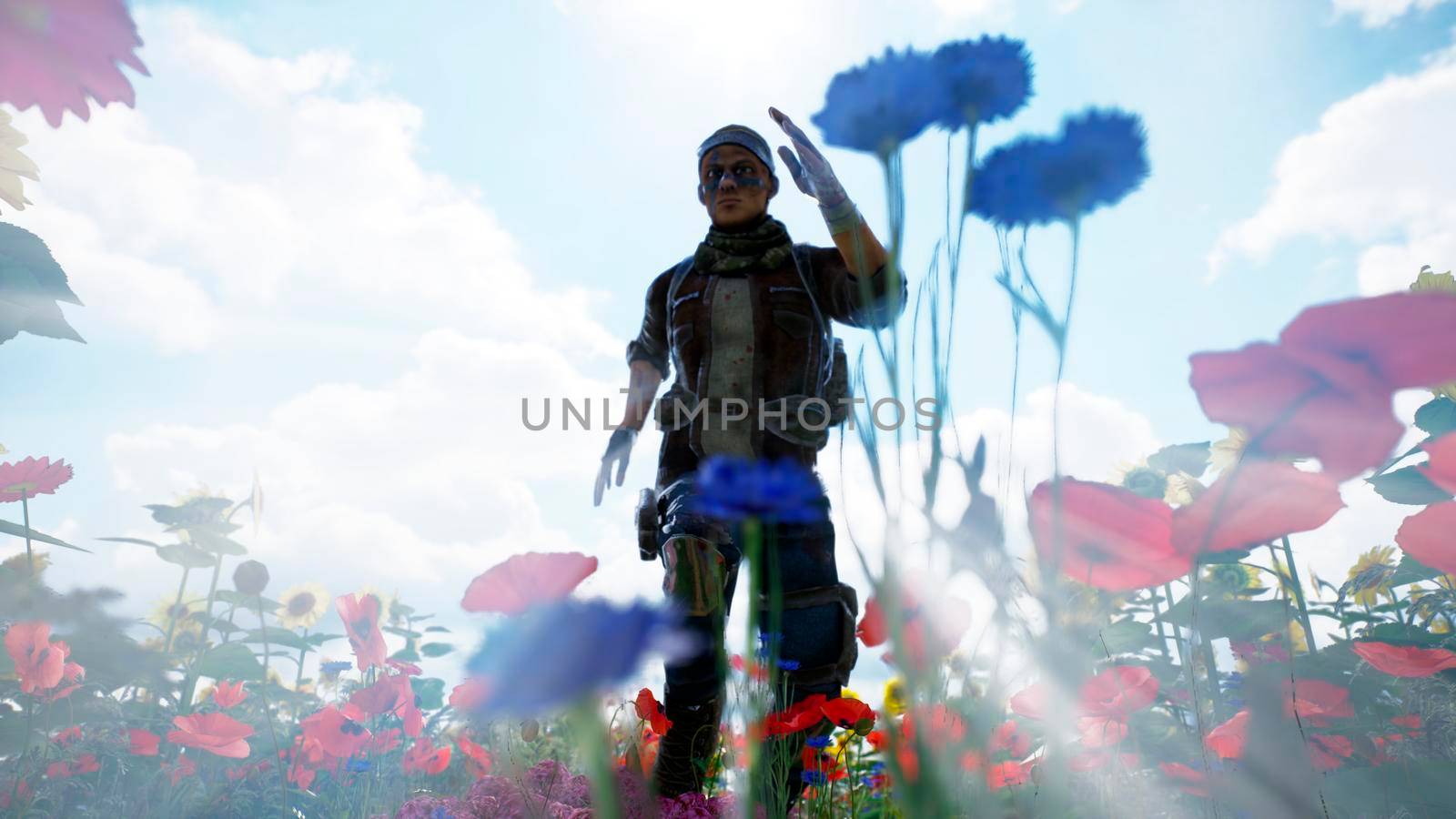 A young man runs from danger on a flower field. 3D Rendering. by designprojects