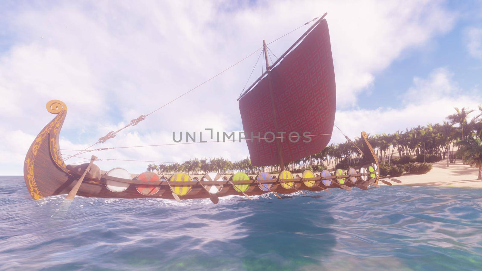 A Viking warship stands on the shore of a beautiful lost tropical island. Concept on the theme of the Vikings and the early middle ages. 3D Rendering. by designprojects