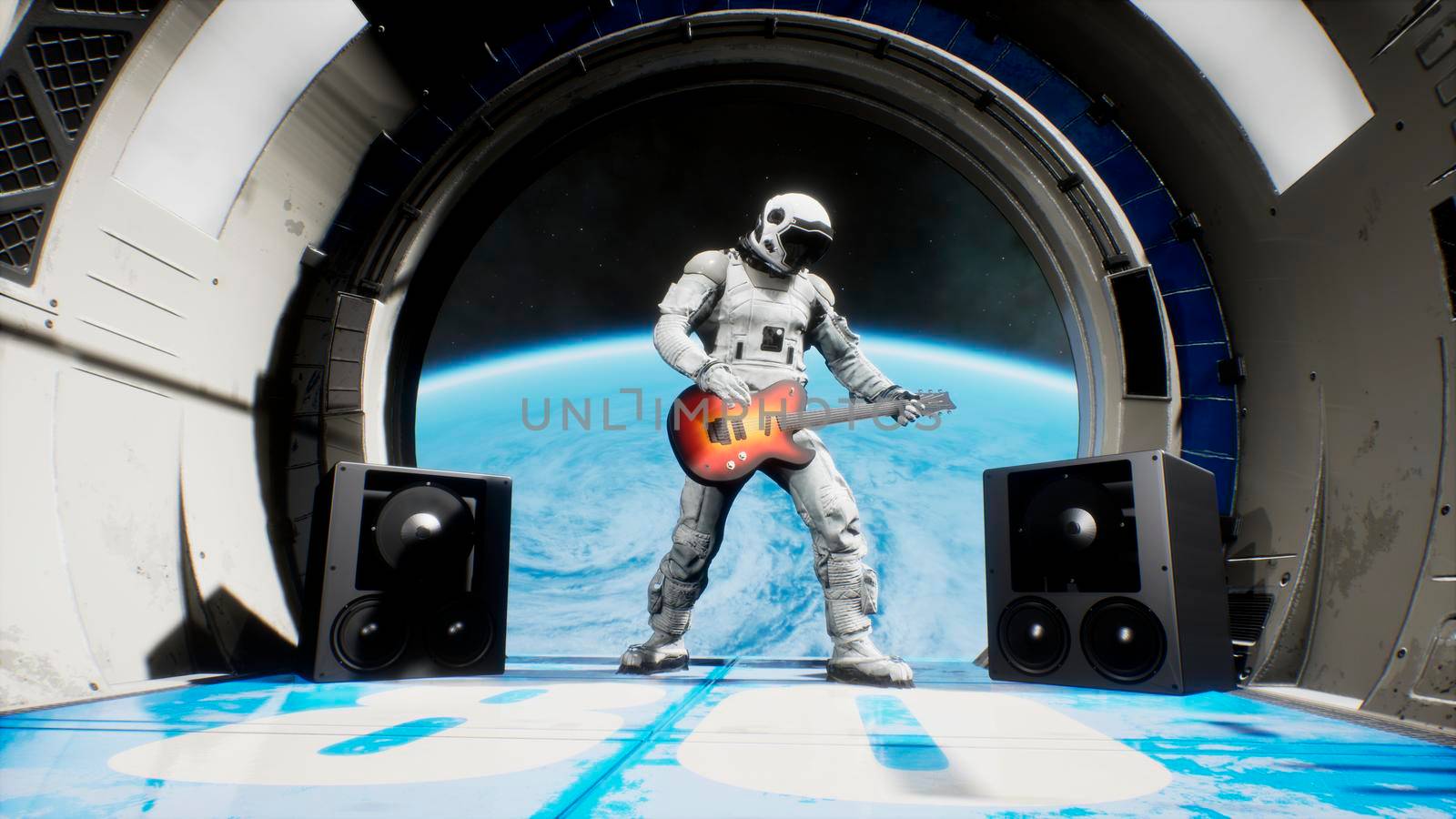 Astronaut on a spaceship playing guitar space rock n roll.