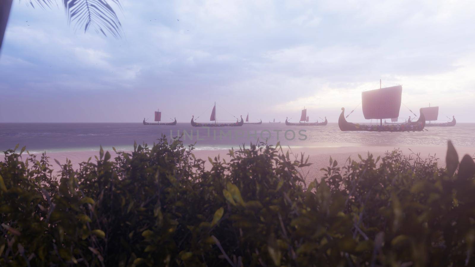 Viking warships sail past a beautiful lost tropical island. Concept on the theme of the Vikings and the early middle ages. 3D Rendering. by designprojects