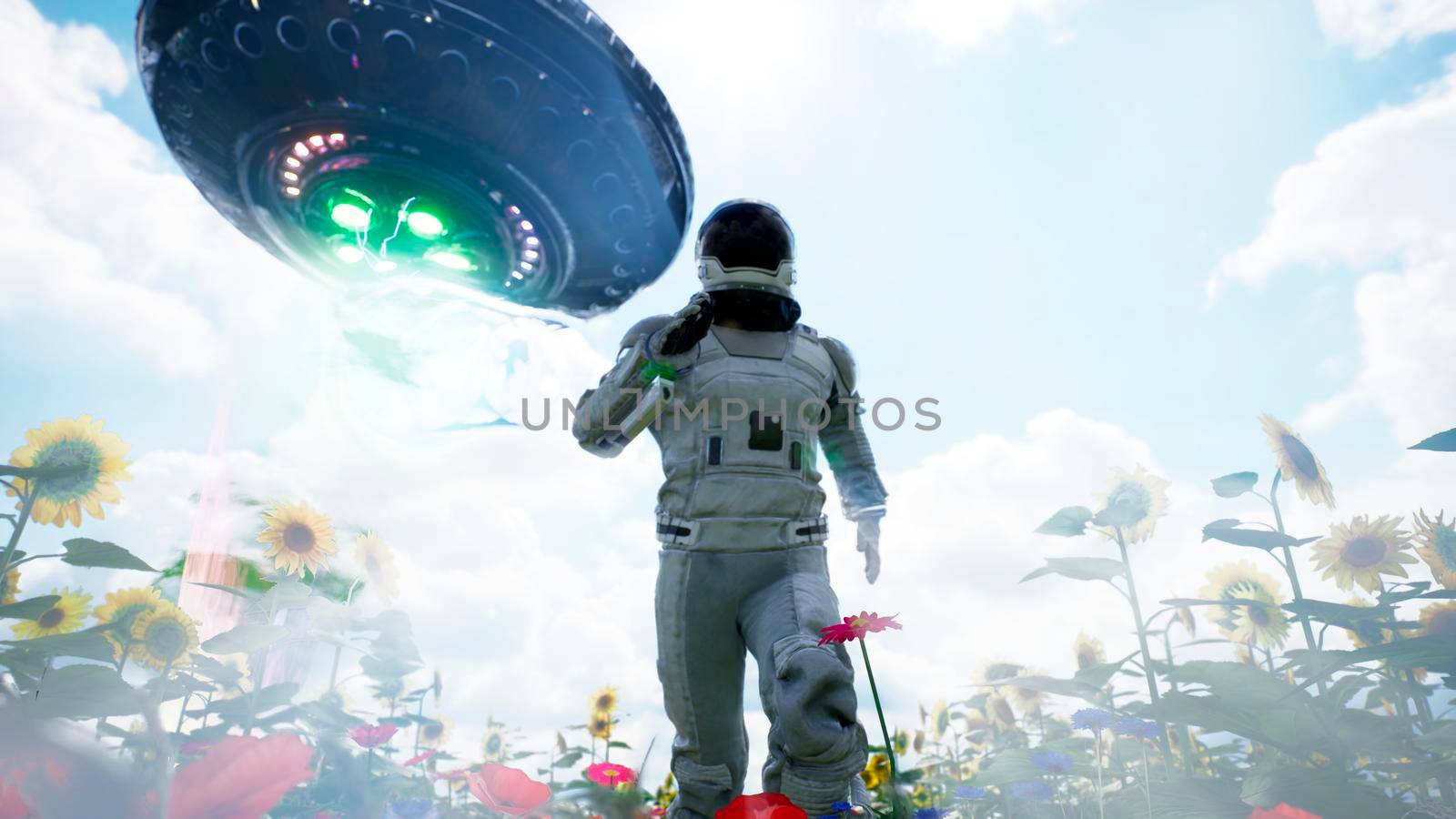 An alien flying saucer chases an astronaut running through a flower field. The concept of a UFO or alien spacecraft.