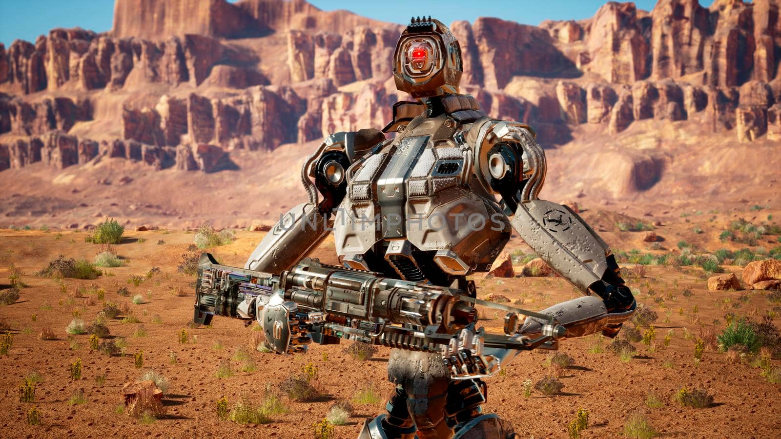 Military robot-android in the desert surveys the territory.