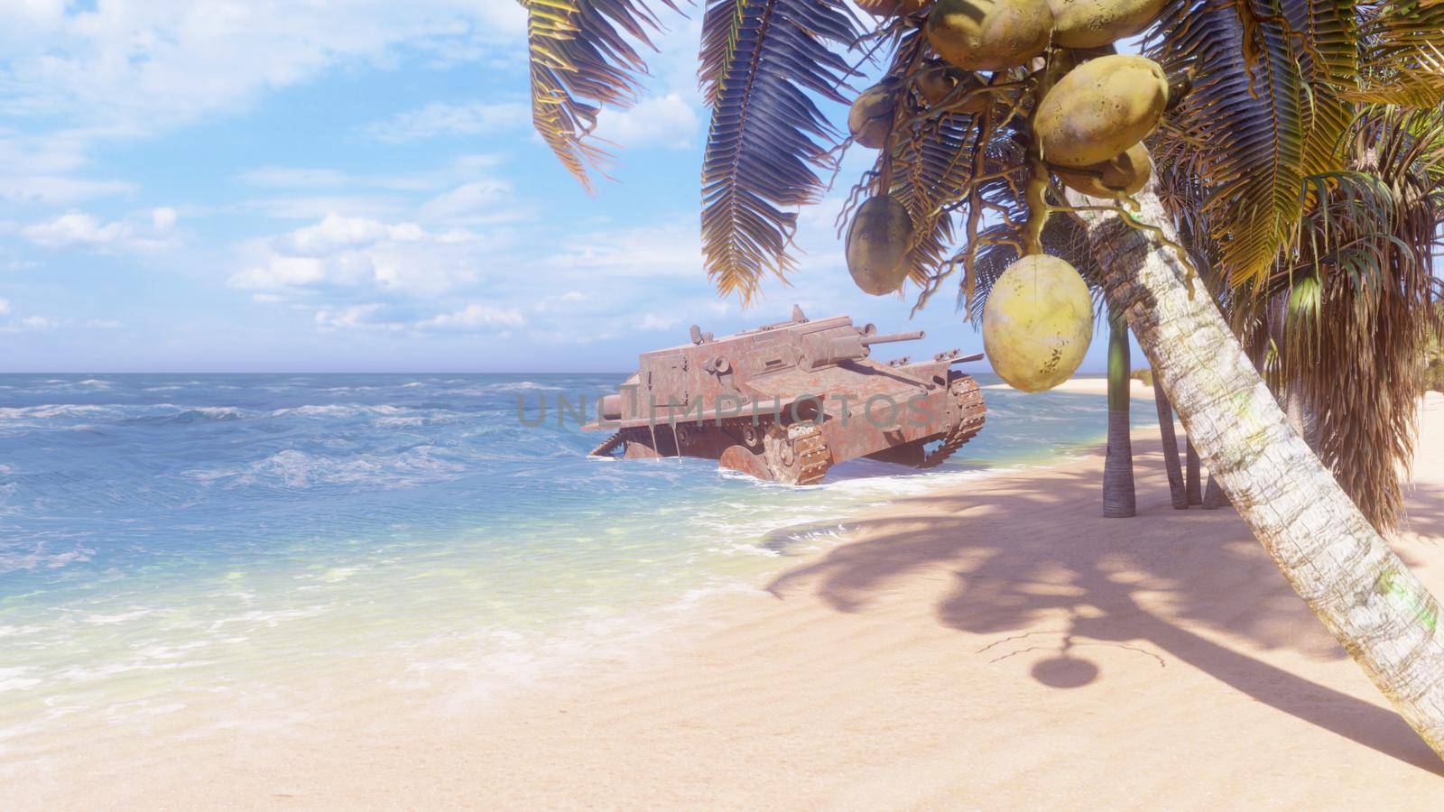A rusty abandoned world war II tank lies on the beach of an uninhabited tropical island. 3D Rendering. by designprojects