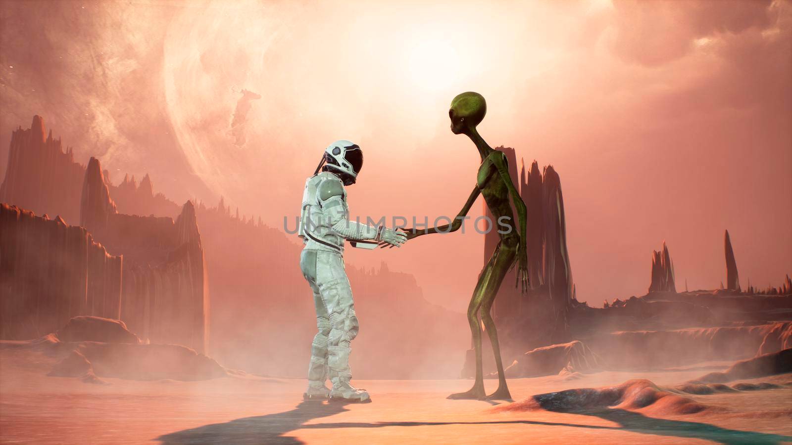 Meeting an alien and an astronaut on a mysterious planet in a distant deep space. 3D Rendering. by designprojects