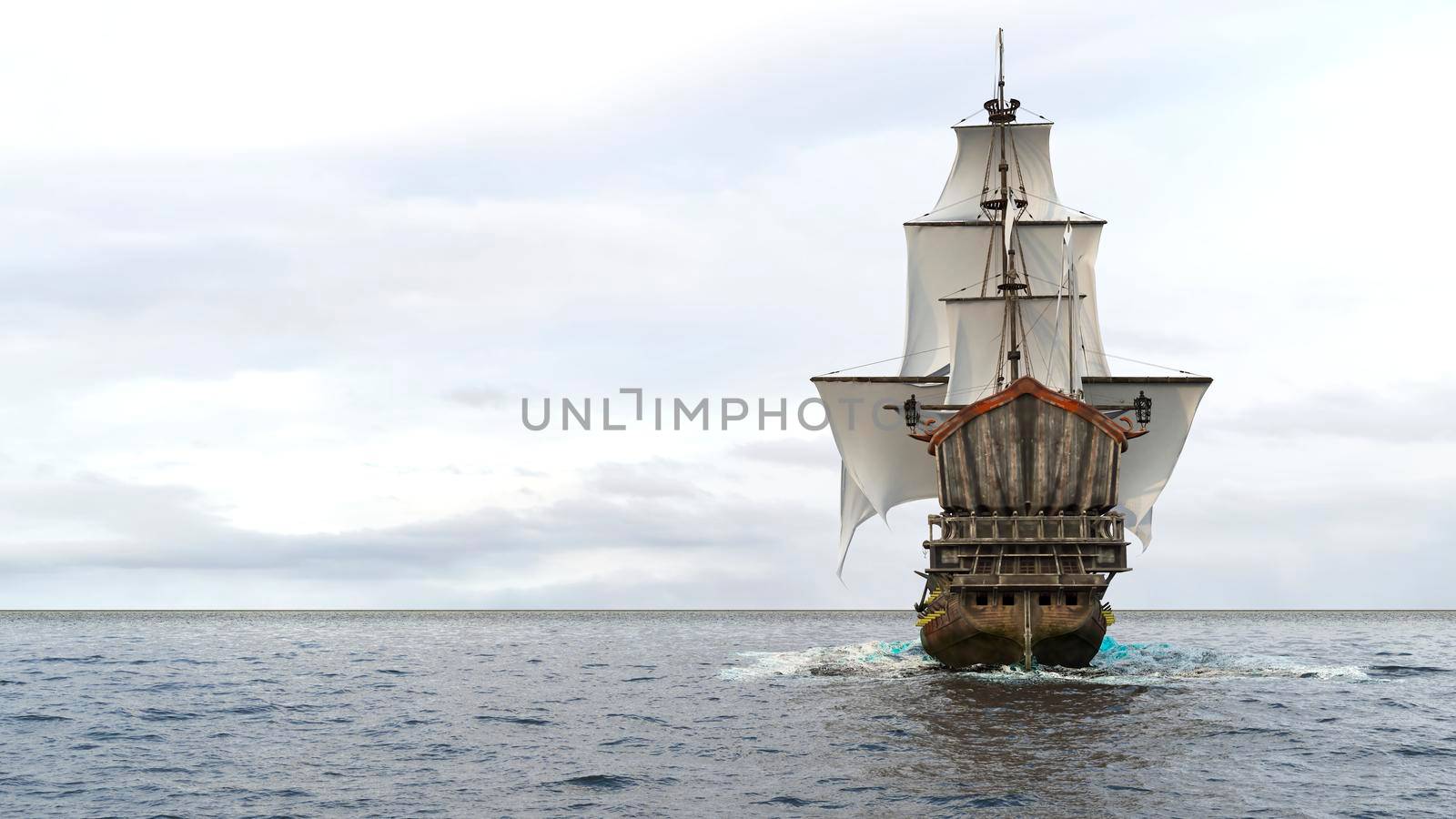 A medieval frigate sailing on a boundless blue sea. Concept of sea adventures in the middle ages.