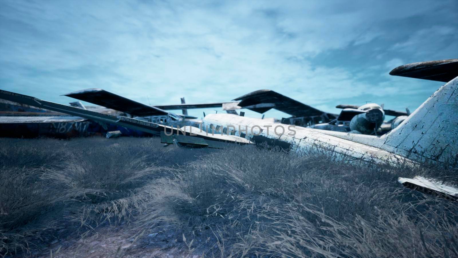 Abandoned and destroyed planes are in the field. A lot of rusty, forgotten and broken planes. 3D Rendering. by designprojects