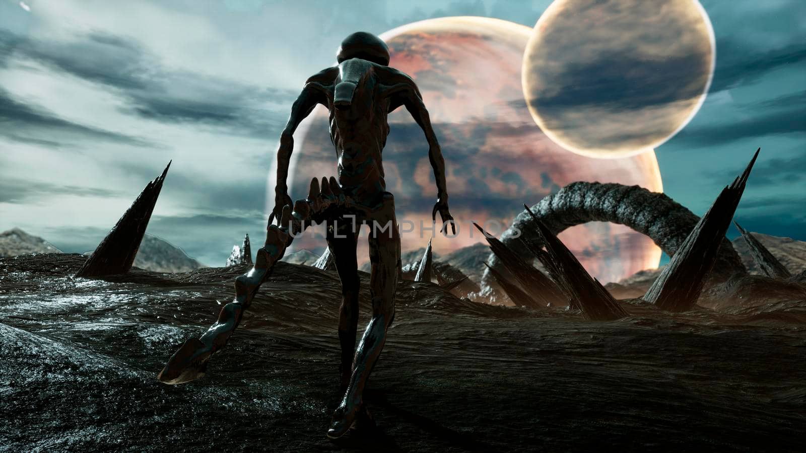 An alien walks on his amazing planet. Landscape of an creepy alien planet in the lost space.