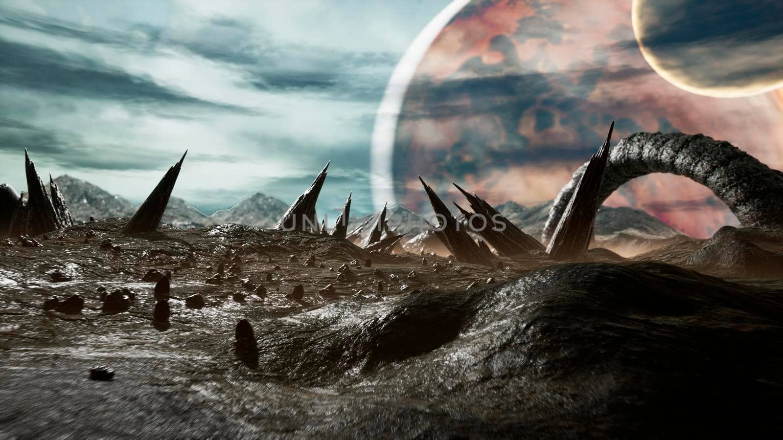 Panoramic landscape of the surface of a creepy alien planet. 3D Rendering. by designprojects