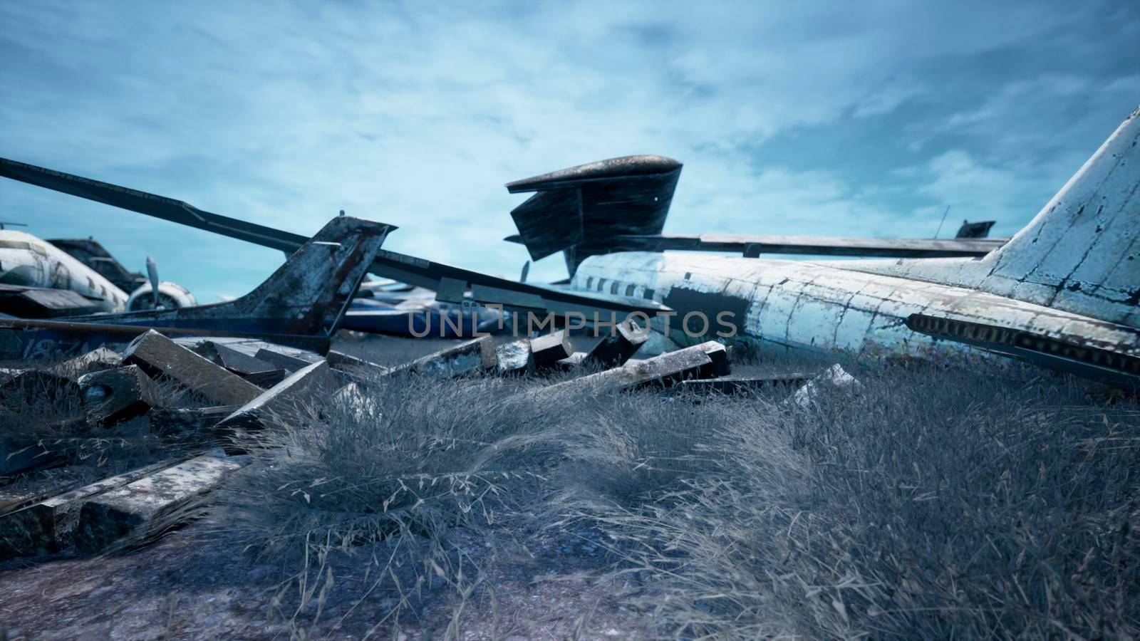 Abandoned and destroyed planes are in the field. A lot of rusty, forgotten and broken planes. 3D Rendering. by designprojects