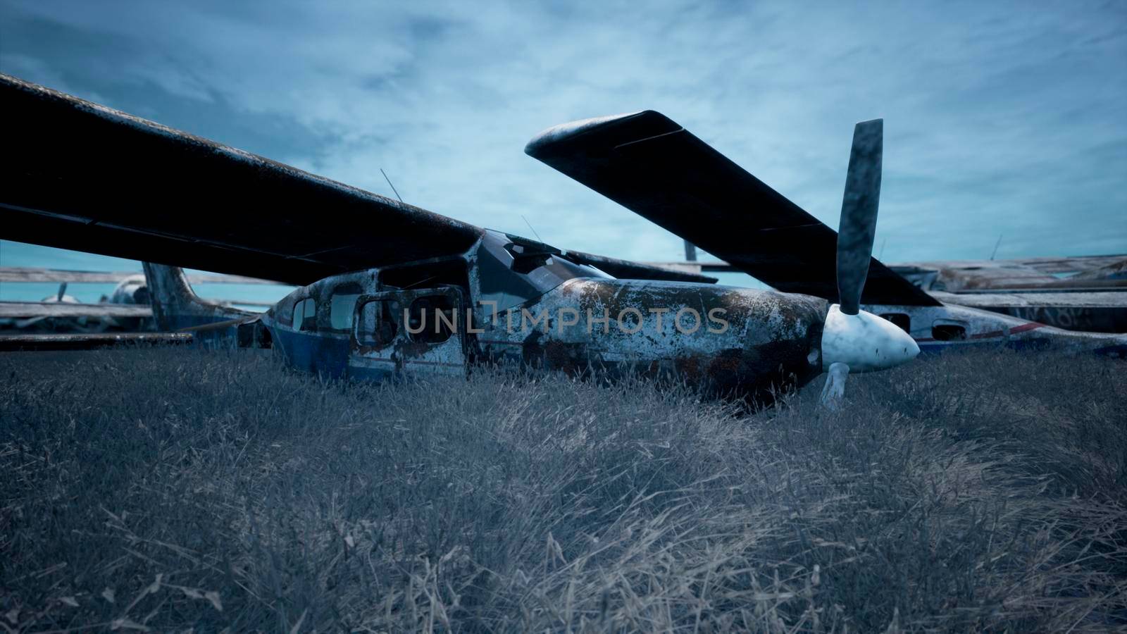 Abandoned and destroyed planes are in the field. A lot of rusty, forgotten and broken planes. 3D Rendering. by designprojects