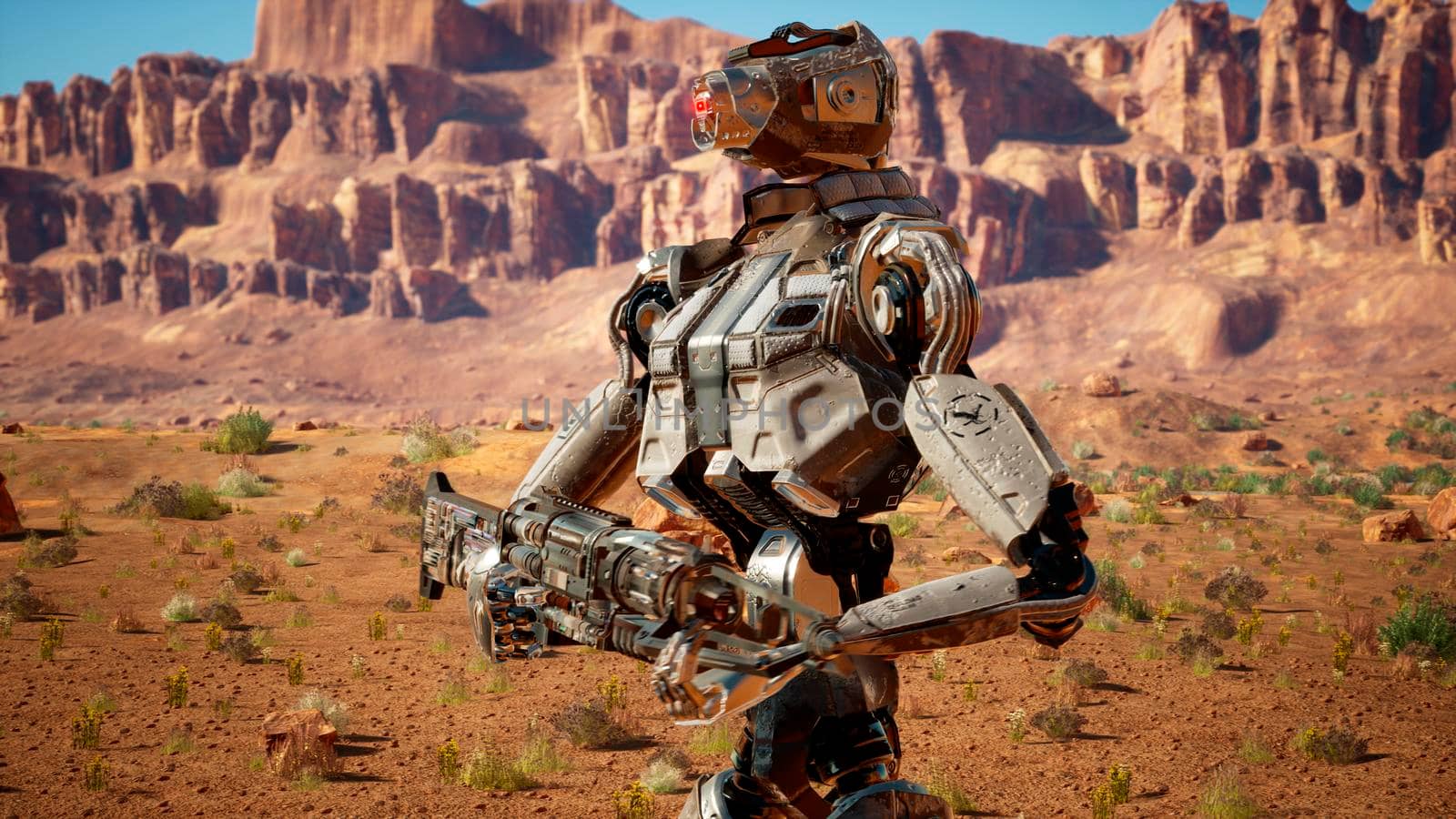 Military robot-android in the desert surveys the territory. 3D Rendering. by designprojects