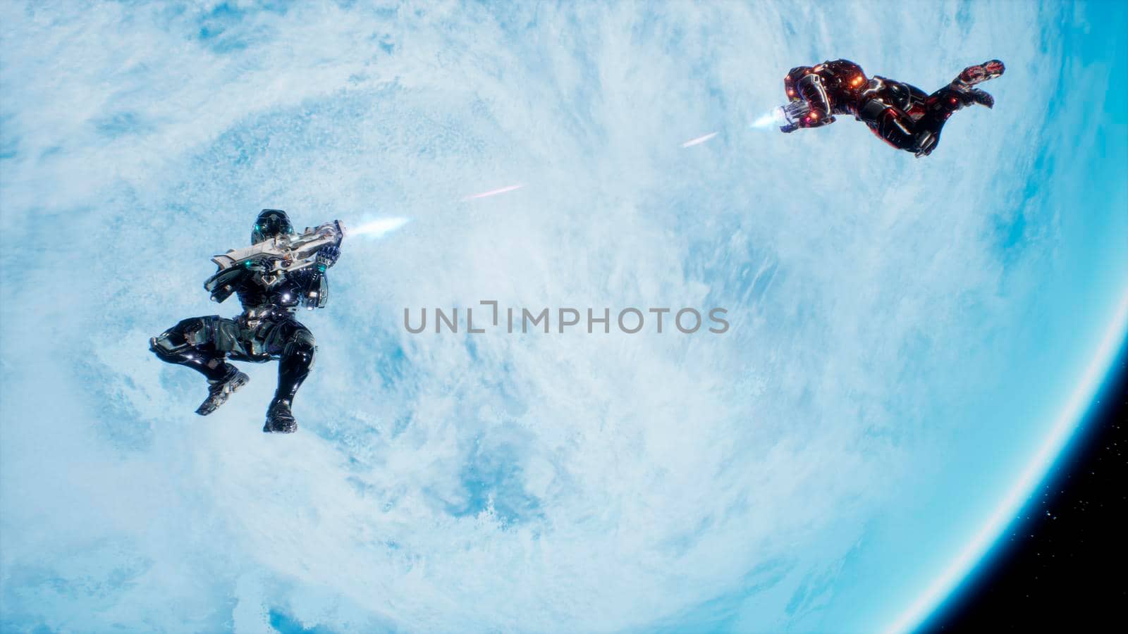 Battle of soldiers of the future in open space near the blue planet. Shootout in deep space.