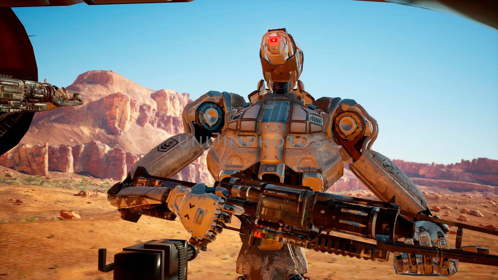 Military robot-android in the desert surveys the territory. 3D Rendering. by designprojects