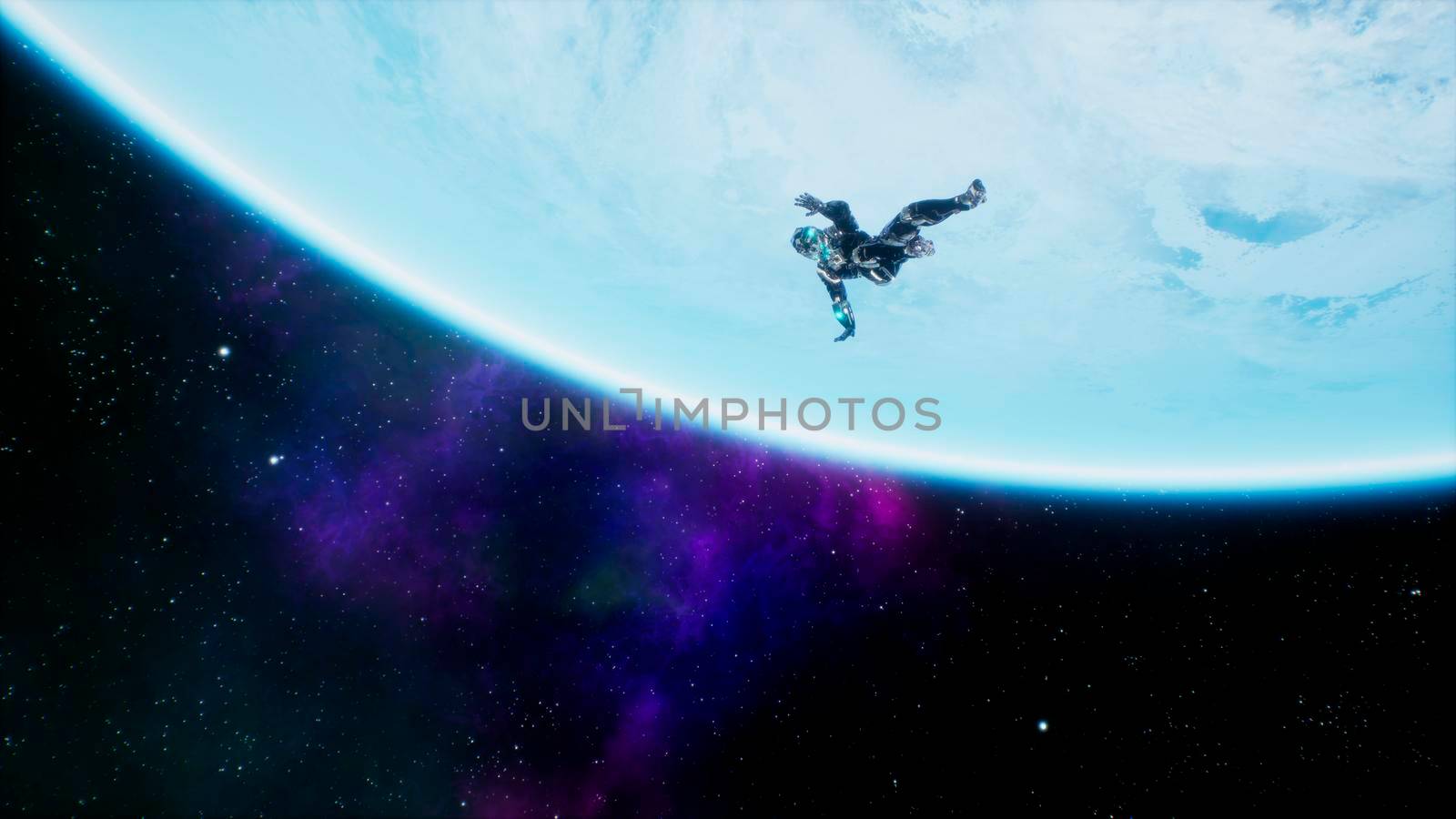 A soldier of the future falls on a blue planet in outer space. 3D Rendering. by designprojects