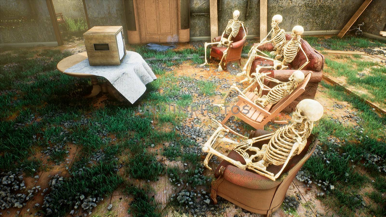 Several skeletons sit in a close family circle in an abandoned house and watch static noise on an old TV. The concept of a post-apocalyptic world or Halloween horror. 3D Rendering. by designprojects