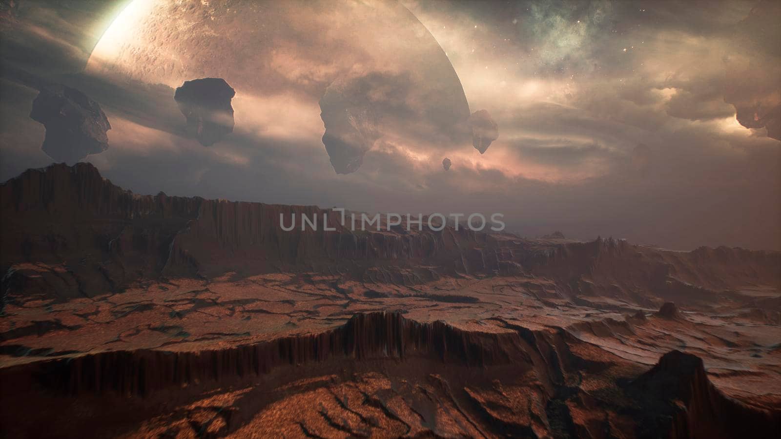 Panoramic landscape on the surface of an alien unusual planet. 3D Rendering. by designprojects